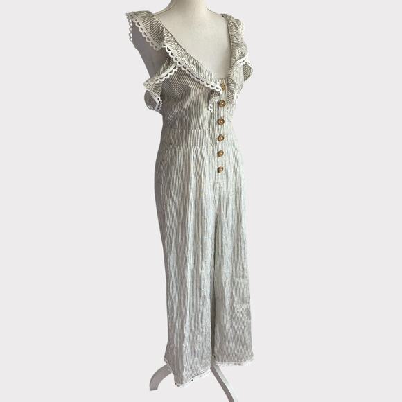 Stevie May Elm Pantsuit 100% Linen Wide Leg Jumpsuit Pin Stripe Eyelet Trim L - Picture 5 of 11